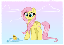 Size: 4776x3339 | Tagged: safe, artist:kittyrosie, imported from derpibooru, fluttershy, bird, duck, pegasus, pony, blushing, cute, female, mare, puddle, redraw, shyabetes, smiling, solo, wet, wet mane