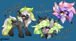 Size: 3840x2104 | Tagged: safe, artist:kez, imported from derpibooru, oc, oc only, oc:berry frost, oc:elli, oc:graphite sketch, pegasus, pony, chest fluff, colored hooves, condom, condom in mouth, crying, ear fluff, ear piercing, earring, high res, jewelry, mouth hold, piercing, unshorn fetlocks
