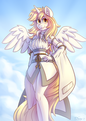 Size: 2480x3508 | Tagged: safe, artist:dandy, imported from derpibooru, oc, oc only, oc:star nai, alicorn, anthro, alicorn oc, beautiful, clothes, cloud, commission, female, hand, hand on hip, high res, horn, looking at you, solo, wings