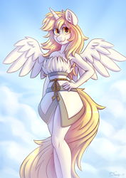 Size: 2480x3508 | Tagged: safe, alternate version, artist:dandy, imported from derpibooru, oc, oc only, oc:star nai, alicorn, anthro, alicorn oc, beautiful, breasts, clothes, cloud, commission, female, hand, hand on hip, high res, horn, looking at you, solo, wings