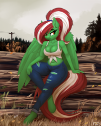 Size: 3232x4000 | Tagged: safe, artist:lightly-san, imported from derpibooru, oc, oc only, oc:spring wind, anthro, pegasus, unguligrade anthro, autumn, belly button, big breasts, breasts, cleavage, clothes, female, jeans, log, pants, pegasus oc, power line, ripped jeans, ripped pants, solo, torn clothes, wings