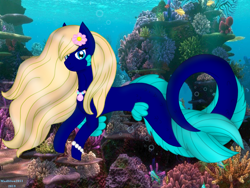 Size: 960x720 | Tagged: safe, artist:madlilon2051, imported from derpibooru, oc, oc only, merpony, seapony (g4), blue eyes, coral, dorsal fin, fins, fish tail, flower, flower in hair, flowing mane, flowing tail, jewelry, looking at you, necklace, ocean, pearl necklace, photo, seashell necklace, seaweed, solo, swimming, tail, underwater, water, yellow mane