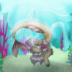 Size: 1000x1000 | Tagged: safe, artist:mooshoo-art, imported from derpibooru, oc, oc only, merpony, seapony (g4), coral, crepuscular rays, dorsal fin, ear fluff, female, fins, fish tail, flower, flowing tail, gem, green eyes, ocean, seaweed, signature, smiling, solo, sunlight, swimming, tail, underwater, water