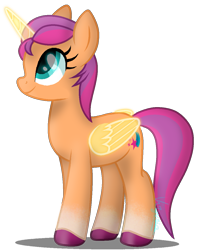 Size: 1001x1218 | Tagged: safe, artist:amicasecretuwu, imported from derpibooru, sunny starscout, alicorn, pony, spoiler:g5, spoiler:my little pony: a new generation, female, folded wings, g5, horn, mare, my little pony: a new generation, race swap, shadow, signature, simple background, smiling, solo, standing, sunnycorn, tail, transparent background, wings