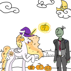 Size: 2000x2000 | Tagged: safe, artist:notawriteranon, imported from ponybooru, princess celestia, oc, oc:anon, spider, undead, zombie, gravestone, halloween, hat, holiday, jack-o-lantern, moon, nightmare night, pumpkin, simple background, white background, witch hat