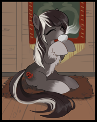 Size: 1879x2369 | Tagged: safe, artist:marbo, imported from ponybooru, oc, oc only, oc:pine ponder, pony, chest fluff, coat markings, cup, cute, dorsal stripe, eyes closed, female, fluffy, food, indoors, inside, mare, pale belly, rug, sitting, snowpony (species), socks (coat marking), solo, taiga pony, tapestry, tea, teacup