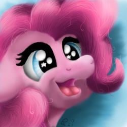 Size: 1280x1280 | Tagged: safe, artist:pony-thunder, imported from derpibooru, pinkie pie, earth pony, pony, blue eyes, bust, eyelashes, female, mare, open mouth, painting, pink mane, solo, starry eyes, wingding eyes