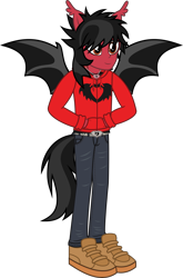 Size: 1782x2708 | Tagged: safe, artist:lightningbolt, derpibooru exclusive, imported from derpibooru, human, equestria girls, .svg available, bat wings, belt, clandestine industries, clothes, ear fluff, equestria girls-ified, eyeliner, fall out boy, hand in pocket, happy, hoodie, humanized, jeans, jewelry, makeup, male, necklace, pants, pete wentz, ponied up, shirt, shoes, smiling, solo, spread wings, standing, svg, tail, tailed humanization, undershirt, vector, wings