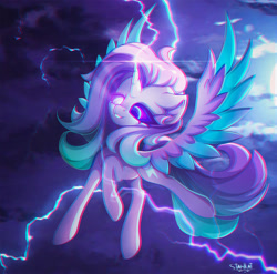 Size: 1920x1896 | Tagged: safe, artist:stahlkat, imported from derpibooru, oc, oc only, alicorn, pony, alicorn oc, chromatic aberration, electricity, female, horn, lightning, solo, wings