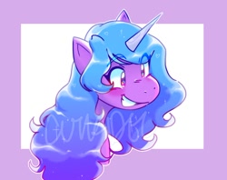 Size: 1126x891 | Tagged: safe, artist:cutieidel, imported from derpibooru, izzy moonbow, pony, unicorn, spoiler:my little pony: a new generation, abstract background, blushing, bust, cute, eyebrows, eyebrows visible through hair, female, g5, izzybetes, mare, my little pony: a new generation, smiling, solo, sparkles