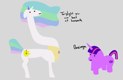 Size: 900x583 | Tagged: safe, artist:2merr, artist:anonymous, edit, princess celestia, twilight sparkle, alicorn, pony, unicorn, 4chan, :), alternate cutie mark, bazinga, birthday, cutie mark, dialogue, dot eyes, drawn on phone, drawthread, duo, duo female, female, floppy ears, gray background, hat, horn, long neck, mare, necc, party hat, peytral, princess necklestia, requested art, simple background, smiling, star of david, unicorn twilight