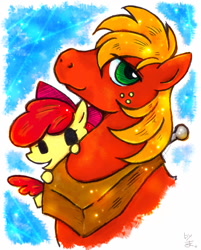 Size: 800x993 | Tagged: safe, artist:sechst_himmel, imported from derpibooru, apple bloom, big macintosh, earth pony, pony, brother and sister, female, filly, freckles, horse collar, male, pixiv, siblings, smiling, stallion