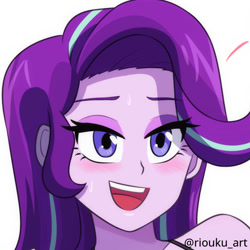 Size: 894x894 | Tagged: safe, artist:riouku, imported from derpibooru, starlight glimmer, equestria girls, beautiful eyes, beautiful hair, bedroom eyes, blushing, commission, cropped, female, open mouth, open smile, simple background, smiling, solo, sweat, white background