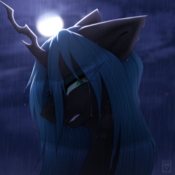 Size: 3000x3000 | Tagged: source needed, safe, artist:ouijaa, imported from derpibooru, queen chrysalis, changeling, changeling queen, crying, crying in the rain, fangs, female, high res, moon, rain, sad, solo