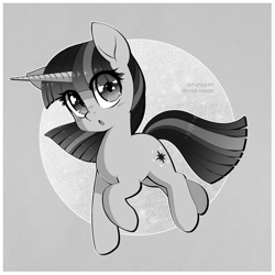 Size: 2299x2299 | Tagged: safe, artist:syrupyyy, imported from derpibooru, twilight sparkle, pony, unicorn, :o, cute, eye clipping through hair, female, grayscale, high res, horn, mare, monochrome, open mouth, ponytober, sparkly eyes, twiabetes, unicorn twilight, wingding eyes