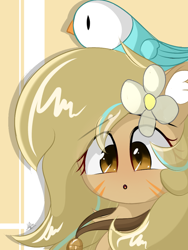 Size: 768x1024 | Tagged: safe, artist:grithcourage, imported from derpibooru, oc, oc only, oc:grith courage, bird, pony, adorable face, cute, ear fluff, flower, fluffy, simple background, solo, thinking