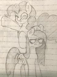 Size: 865x1162 | Tagged: safe, artist:metaruscarlet, imported from derpibooru, pinkie pie, earth pony, pony, angry, annoyed, duality, duo, female, grin, lined paper, mare, one eye closed, pinkamena diane pie, sketch, smiling, traditional art, wink