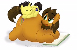 Size: 2616x1701 | Tagged: safe, artist:aleximusprime, imported from derpibooru, oc, oc only, oc:alex the chubby pony, oc:tommy the human, alicorn, earth pony, pony, belly, big belly, book, butt, butt pillow, chubby, commission, commissioner:bigonionbean, duo, duo male, eyes closed, facial hair, fat, large butt, looking back, lying down, male, open mouth, simple background, sleeping, sleeping on top of someone, smiling, stallion, white background