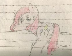 Size: 1123x887 | Tagged: safe, artist:metaruscarlet, imported from derpibooru, pinkie pie, earth pony, pony, cute, female, lined paper, mare, pinkamena diane pie, sad, sadorable, solo, traditional art