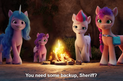 Size: 1084x716 | Tagged: safe, edit, edited screencap, editor:apatheticxaddict, imported from derpibooru, screencap, izzy moonbow, pipp petals, sunny starscout, zipp storm, earth pony, pegasus, unicorn, spoiler:my little pony: a new generation, campfire, g5, implied hitch trailblazer, meme, my little pony: a new generation, pipp is short, short, smol, subtitles