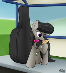 Size: 1521x1692 | Tagged: safe, artist:the-furry-railfan, imported from derpibooru, octavia melody, earth pony, pony, bowtie, bus stop, cello, musical instrument, octavia is not amused, paper, solo, unamused