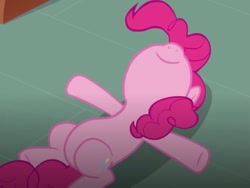 Size: 557x418 | Tagged: safe, imported from derpibooru, screencap, pinkie pie, earth pony, pony, too many pinkie pies, belly, female, imminent belly rub, lying down, on back, resting, smiling, solo, sugarcube corner