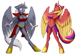 Size: 1250x900 | Tagged: safe, artist:tomek1000, imported from derpibooru, oc, oc only, oc:virmare, alicorn, anthro, unguligrade anthro, alicorn oc, belly button, breasts, cleavage, clothes, commission, digital art, duo, duo female, eyes closed, female, gritted teeth, head wings, horn, post-transformation, shrunken pupils, simple background, skimpy outfit, smiling, tail, tanktop, thighs, transformation, transgender transformation, white background, wide eyes, wide hips, wings