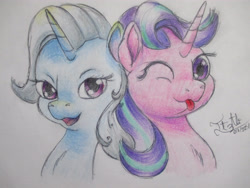 Size: 4608x3456 | Tagged: safe, artist:davidsoncch, imported from derpibooru, starlight glimmer, trixie, pony, unicorn, female, lesbian, one eye closed, raspberry, shipping, smiling, startrix, tongue out, traditional art, wink