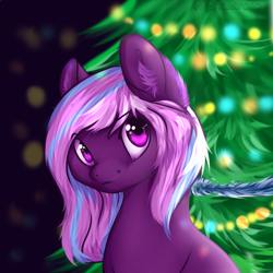 Size: 1000x1000 | Tagged: safe, artist:perchey, imported from derpibooru, oc, oc only, earth pony, pony, christmas, christmas tree, commission, digital art, female, holiday, looking at you, mare, solo, tree