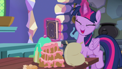 Size: 1280x720 | Tagged: safe, imported from derpibooru, screencap, twilight sparkle, alicorn, pony, best gift ever, book, cake, cauldron, cute, eyes closed, female, food, kitchen, magic, mare, open mouth, solo, telekinesis, twiabetes, twilight sparkle (alicorn), twilight's castle