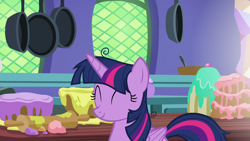 Size: 1280x720 | Tagged: safe, imported from derpibooru, screencap, twilight sparkle, alicorn, pony, best gift ever, ^^, cake, cute, eyes closed, female, food, frying pan, kitchen, mare, rolling pin, smiling, solo, twiabetes, twilight sparkle (alicorn), twilight's castle