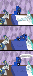 Size: 1024x2304 | Tagged: safe, artist:platinumdrop, imported from derpibooru, princess luna, star swirl the bearded, oc, oc:snowdrop, bed, comic, request, speech bubble