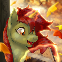 Size: 1000x1000 | Tagged: safe, artist:laivawolf, imported from derpibooru, oc, oc only, pony, unicorn, book, leaves, solo