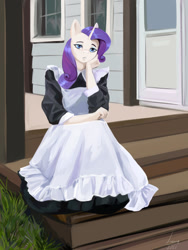 Size: 960x1280 | Tagged: safe, artist:louraa, imported from derpibooru, rarity, anthro, unicorn, clothes, digital art, dress, female, horn, house, maid, pose, sitting, solo, stairs