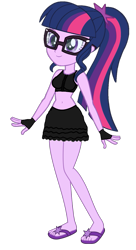 Size: 731x1339 | Tagged: source needed, safe, artist:invisibleink, artist:supersamyoshi, edit, edited edit, imported from derpibooru, sci-twi, twilight sparkle, equestria girls, bare shoulders, bra, clothes, crop top bra, editor needed, feet, female, fingerless gloves, flip-flops, glasses, gloves, midriff, sandals, simple background, skirt, sleeveless, solo, transparent background, underwear, vector