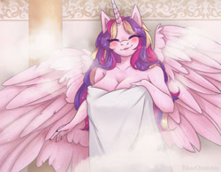 Size: 1280x992 | Tagged: safe, artist:blueomlette, imported from derpibooru, princess cadance, alicorn, anthro, adorasexy, big breasts, breasts, busty princess cadance, cute, cutedance, digital art, eyes closed, female, horn, large wings, milf, naked towel, open mouth, sauna, sexy, smiling, solo, spread wings, steam, sweat, towel, towel around breast, wing fluff, wings