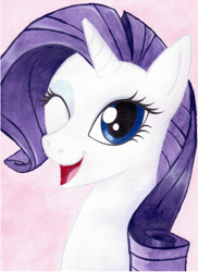 Size: 1152x1583 | Tagged: safe, artist:ziara12, imported from derpibooru, rarity, pony, unicorn, bust, female, mare, one eye closed, open mouth, open smile, smiling, solo, traditional art, watercolor painting, wink