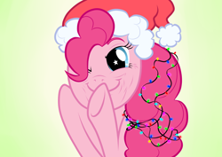 Size: 3508x2480 | Tagged: safe, artist:ziara12, imported from derpibooru, pinkie pie, earth pony, pony, christmas, christmas lights, female, gradient background, hat, high res, holiday, mare, one eye closed, santa hat, smiling, solo