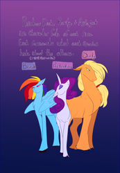 Size: 1367x1980 | Tagged: safe, artist:unfinishedheckery, imported from derpibooru, applejack, rainbow dash, rarity, earth pony, pegasus, pony, unicorn, dialogue, digital art, female, horn, mare, simple background, tail, text, trio, trio female, wings