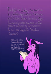 Size: 1367x1980 | Tagged: safe, artist:unfinishedheckery, imported from derpibooru, twilight sparkle, alicorn, pony, curved horn, dialogue, digital art, female, floppy ears, headcanon, horn, mare, open mouth, simple background, solo, talking, text, twilight sparkle (alicorn), wings