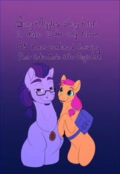 Size: 1367x1980 | Tagged: safe, artist:unfinishedheckery, imported from derpibooru, sunny starscout, earth pony, pony, argyle starshine, bag, dialogue, digital art, duo, father and child, father and daughter, female, g5, glasses, headcanon, jewelry, looking at you, male, mare, my little pony: a new generation, necklace, open mouth, simple background, smug, speech bubble, stallion, text