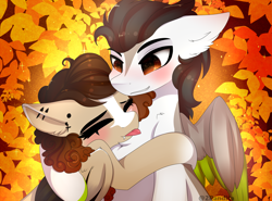 Size: 4850x3580 | Tagged: safe, artist:2pandita, imported from derpibooru, oc, oc only, bat pony, pegasus, pony, female, hug, leaves, male, mare, stallion