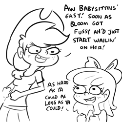 Size: 3300x3300 | Tagged: safe, artist:tjpones, imported from derpibooru, apple bloom, applejack, human, apple sisters, applejack's hat, black and white, cowboy hat, dialogue, duo, freckles, grayscale, hat, high res, humanized, implied child abuse, monochrome, siblings, simple background, sisters, white background