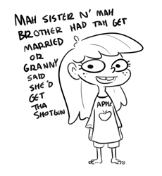 Size: 2675x2911 | Tagged: safe, artist:tjpones, imported from derpibooru, apple bloom, human, barefoot, child, dialogue, feet, female, freckles, high res, humanized, implied applecest, implied applemac, implied incest, implied marriage, implied shipping, implied shotgun wedding, implied straight, simple background, solo, talking to viewer, tooth gap, white background