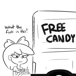 Size: 3300x3300 | Tagged: safe, artist:tjpones, imported from derpibooru, apple bloom, human, apple bloom is not amused, aren't you going to ravish me?, black and white, candy, dialogue, disappointed, female, food, freckles, grayscale, high res, humanized, monochrome, solo, subversion, unamused, van, vulgar