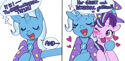 Size: 2048x1003 | Tagged: safe, artist:cherivinca, imported from derpibooru, starlight glimmer, trixie, pony, unicorn, 2 panel comic, accessory swap, blush sticker, blushing, cape, closed, clothes, comic, cute, dialogue, diatrixes, duo, eye, eyelashes, eyes, eyes closed, female, floating heart, glimmerbetes, hat, heart, heart eyes, horn, hug, lesbian, mare, one eye closed, open mouth, open smile, shipping, smiling, speech bubble, startrix, text, trixie's cape, trixie's hat, wingding eyes