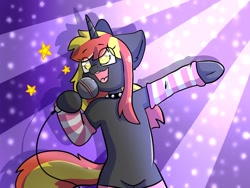 Size: 1600x1200 | Tagged: safe, artist:alex69vodka, imported from derpibooru, oc, oc:java, pony, semi-anthro, unicorn, abstract background, bipedal, clothes, collar, female, hoof hold, microphone, open mouth, singing, smiling, socks, spiked collar, striped socks