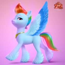 Size: 1080x1080 | Tagged: safe, artist:artharuhi, artist:jonatancatalan, edit, imported from derpibooru, rainbow dash, pegasus, pony, 3d, colored, colored wings, eyebrows, feathered fetlocks, g4, g4 to g5, g5, jewelry, looking at you, my little pony logo, my little pony: a new generation, necklace, palette swap, recolor, regalia, simple background, slim, solo, spread wings, unshorn fetlocks, wings