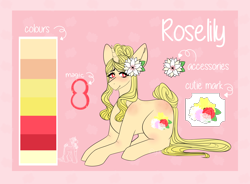 Size: 3000x2208 | Tagged: safe, artist:yuumirou, imported from derpibooru, oc, oc only, oc:roselily, earth pony, pony, female, flower, flower in hair, high res, lying down, mare, prone, reference sheet, solo