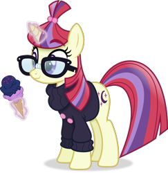 Size: 3997x4113 | Tagged: safe, artist:anime-equestria, imported from derpibooru, moondancer, pony, unicorn, :3, adorkable, clothes, cute, dork, eyebrows, eyebrows visible through hair, female, food, glasses, glowing, glowing horn, high res, horn, ice cream, levitation, magic, mare, multicolored mane, multicolored tail, purple eyes, shadow, simple background, smiling, solo, standing, sweater, tail, telekinesis, transparent background, vector